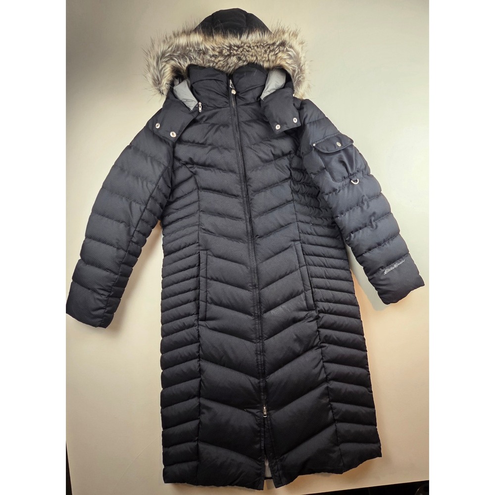Eddie Bauer Sun Valley Goose Down Parka Black Long Puffer Coat Faux Fur Womens L